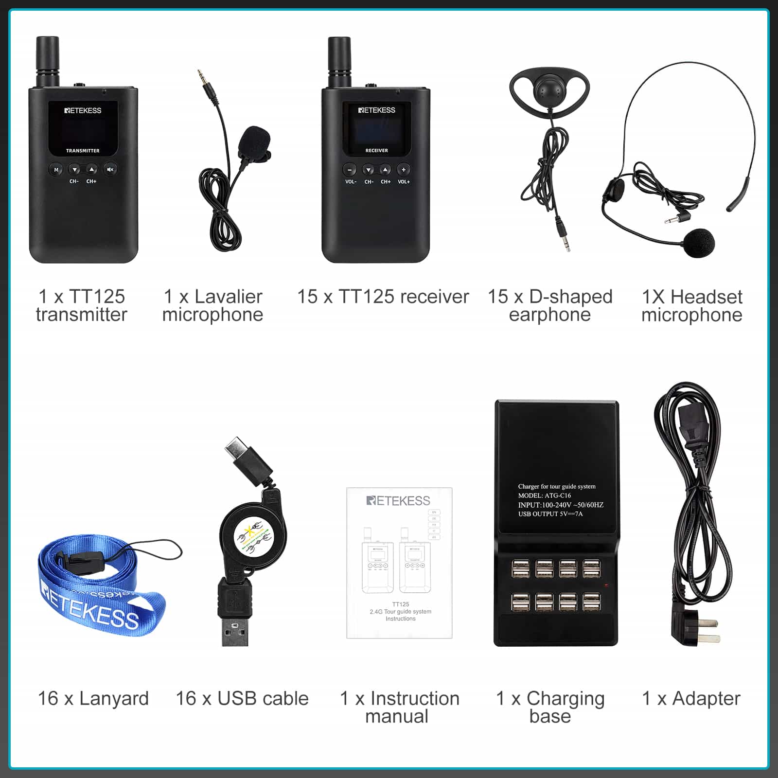 Retekess TT125 Microfono e Cuffie per Guide Turistiche con Autonomia di 100 Ore e Base di Ricarica a 16 Slot