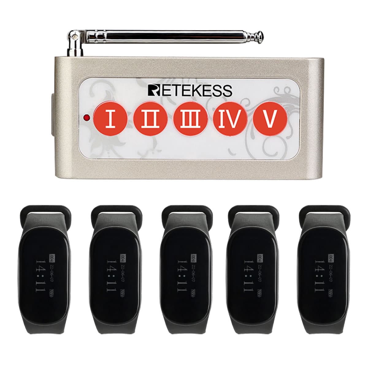 Booso 5 Pulsanti Di Chiamata + 1 Cercapersone Da Polso – Sistema Wireless Per Ristoranti E Bar, 433.92MHz