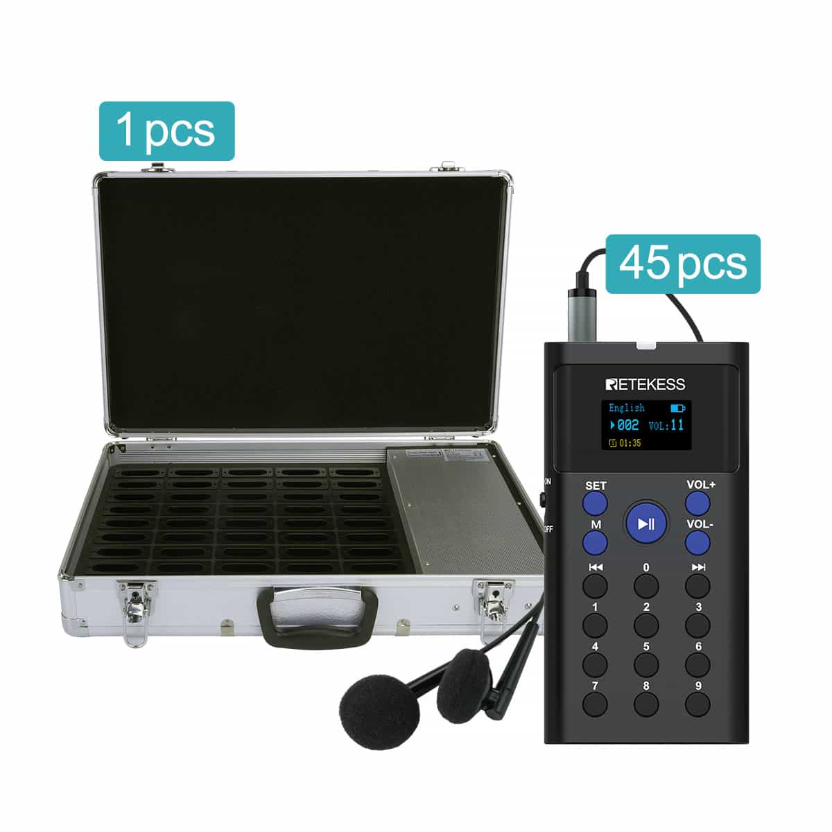 Retekess TT128 Audioguida Portatile per Visita Autonome con Custodia di Ricarica da 45 slot