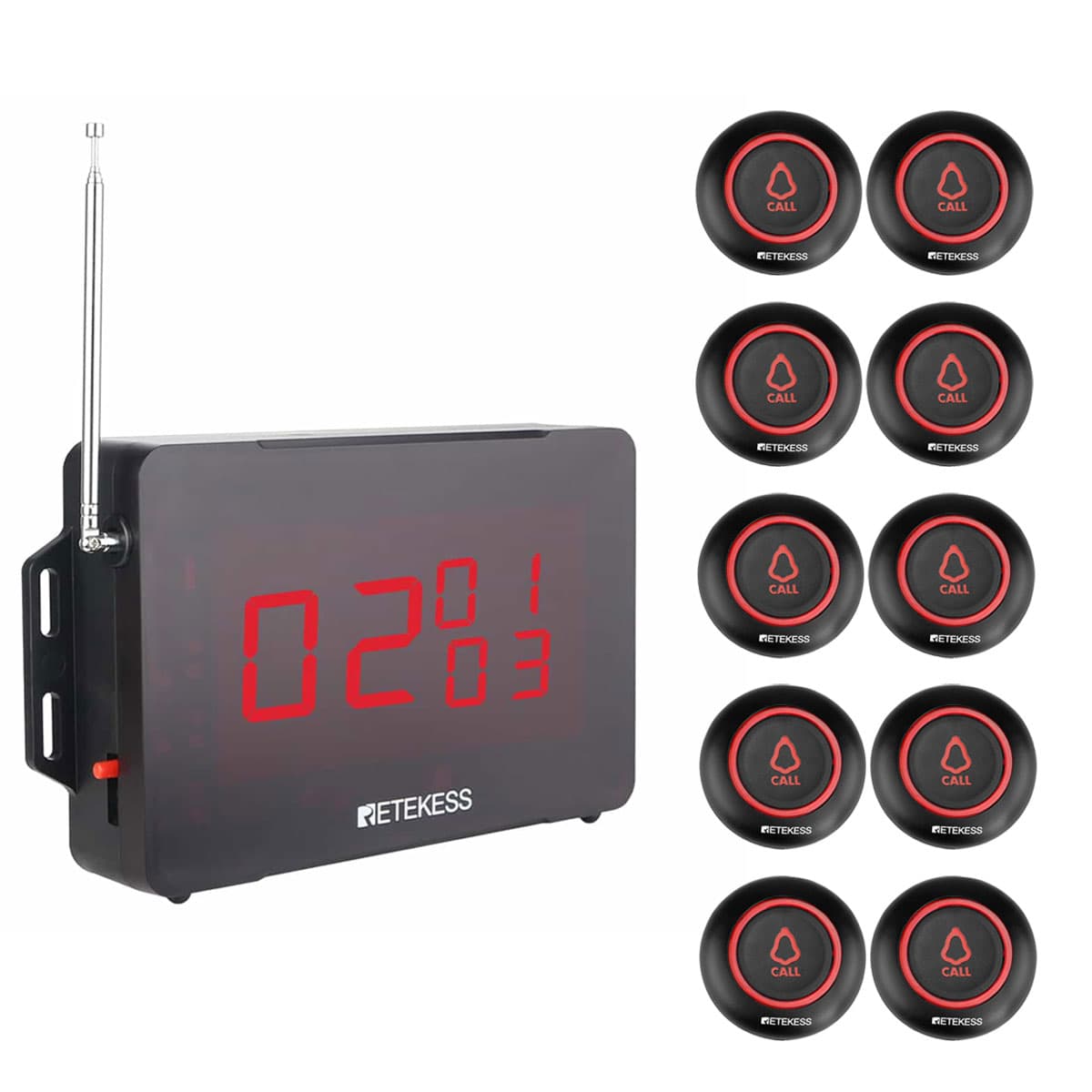 Sistema di Chiamata Wireless Retekess TD136 con Pulsante di Chiamata Wireless nero TD019 per Ristoranti, Bar, Cliniche, Case di Cura