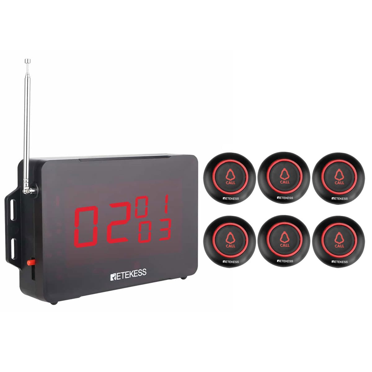 Sistema di Chiamata Wireless Retekess TD136 con Pulsante di Chiamata Wireless nero TD019 per Ristoranti, Bar, Cliniche, Case di Cura