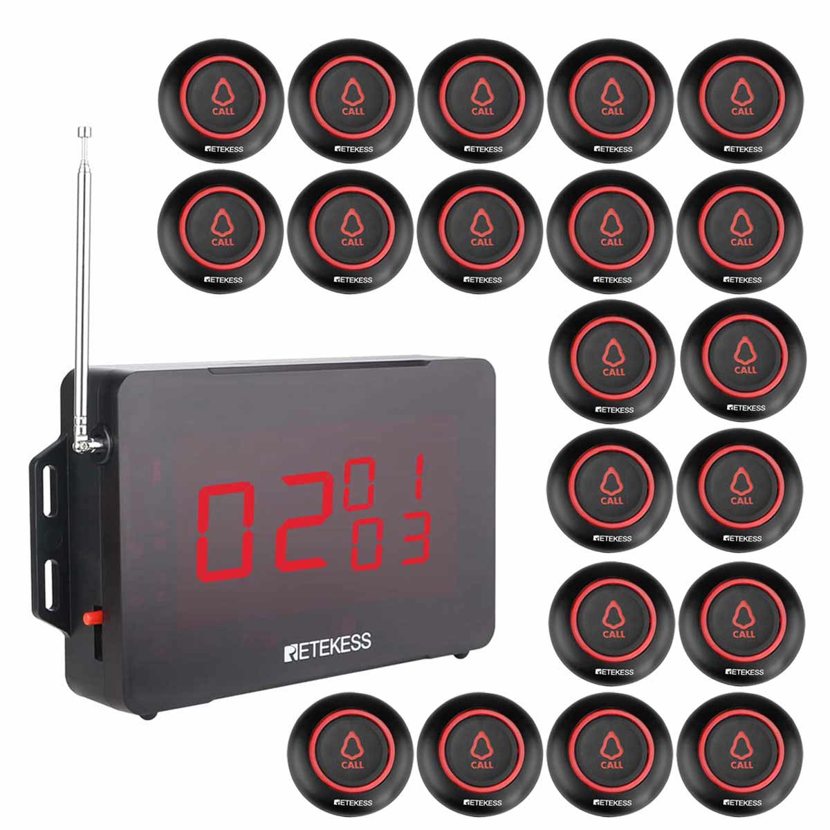 Sistema di Chiamata Wireless Retekess TD136 con Pulsante di Chiamata Wireless nero TD019 per Ristoranti, Bar, Cliniche, Case di Cura