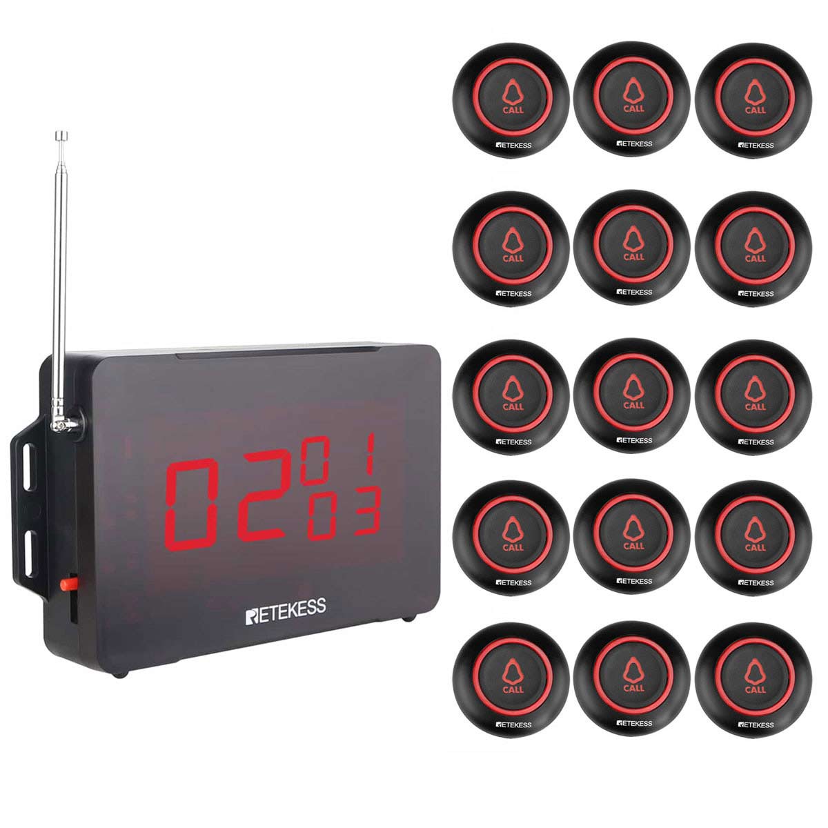 Sistema di Chiamata Wireless Retekess TD136 con Pulsante di Chiamata Wireless nero TD019 per Ristoranti, Bar, Cliniche, Case di Cura