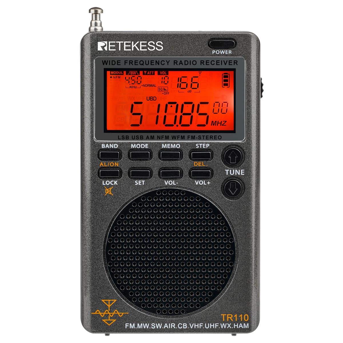 Retekess TR110 FM/MW/SW/LSB/AIR/CB/VHF/UHF Radio Digitale Portatile a Banda Intera con Avvisi NOAA