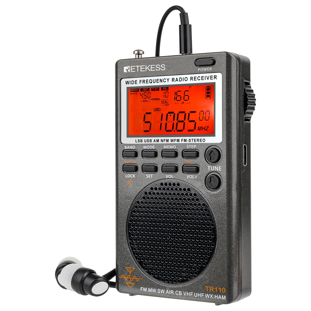 Retekess TR110 FM/MW/SW/LSB/AIR/CB/VHF/UHF Radio Digitale Portatile a Banda Intera con Avvisi NOAA