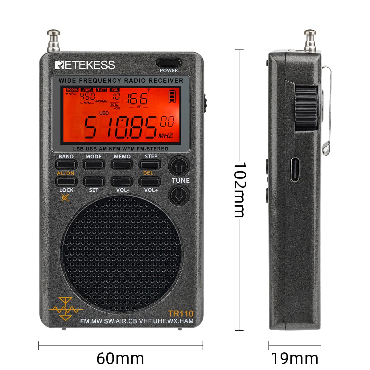 Retekess TR110 FM/MW/SW/LSB/AIR/CB/VHF/UHF Radio Digitale Portatile a Banda Intera con Avvisi NOAA