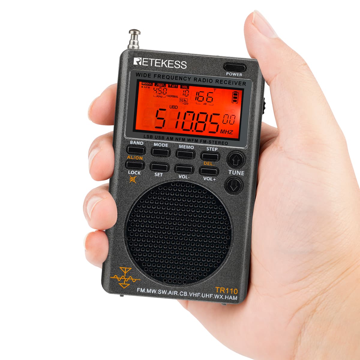Retekess TR110 FM/MW/SW/LSB/AIR/CB/VHF/UHF Radio Digitale Portatile a Banda Intera con Avvisi NOAA