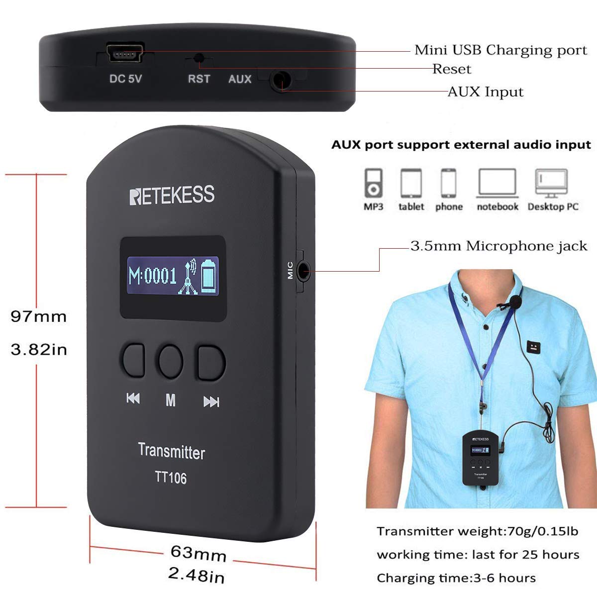 Retekess TT106 Sistema di Guida Turistica Whisper con Supporto per 2 Trasmettitori in un Unico Gruppo, per Interpretazione in Chiesa, Visita Guidata in Fabbrica e Tour di Gruppo