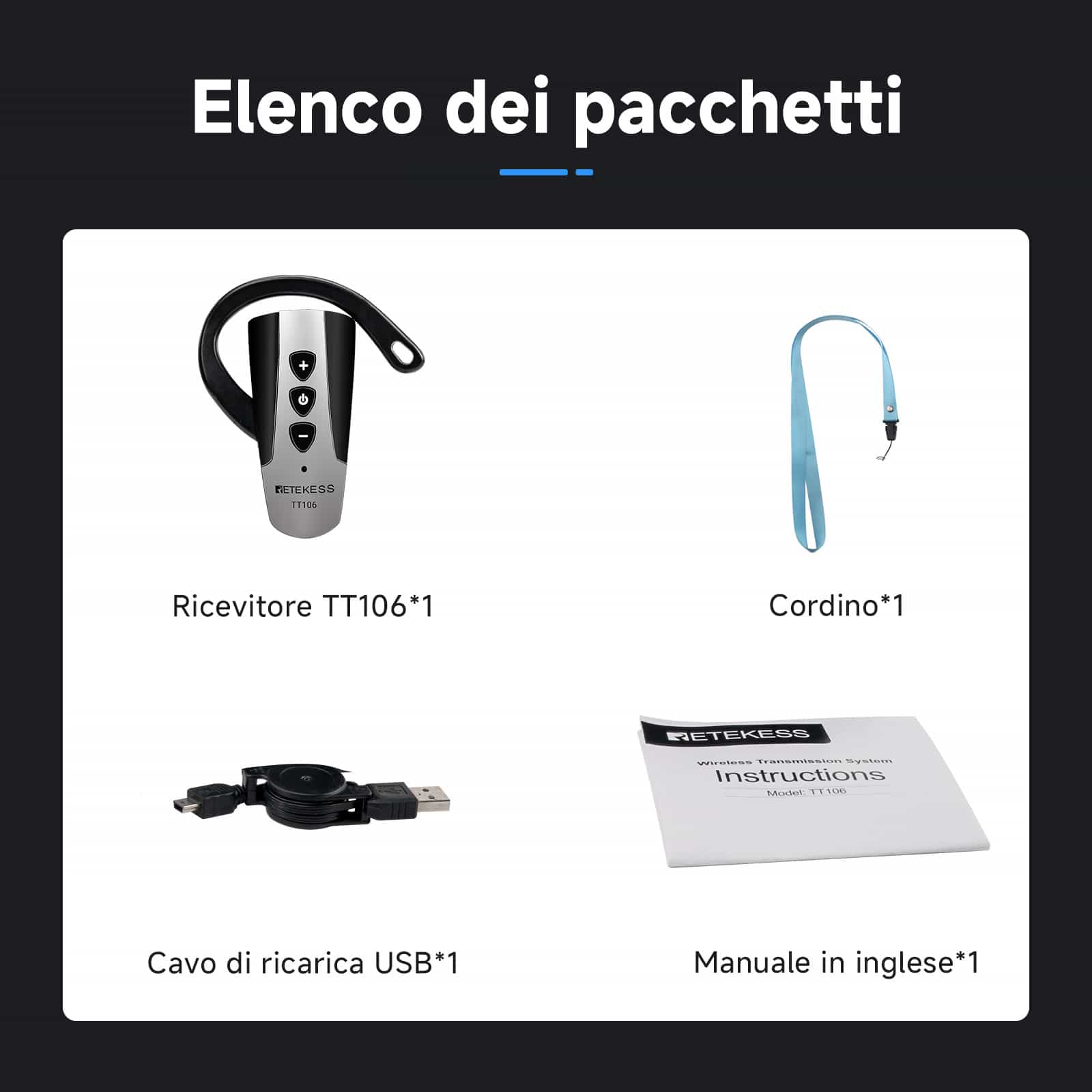 Retekess TT106 Sistemi di Interpretazione, Sistema di Guida Turistica Wireless, Ricevitore con Gancio Auricolare per Scuole, Conferenze, Formazione, Apparecchi Acustici