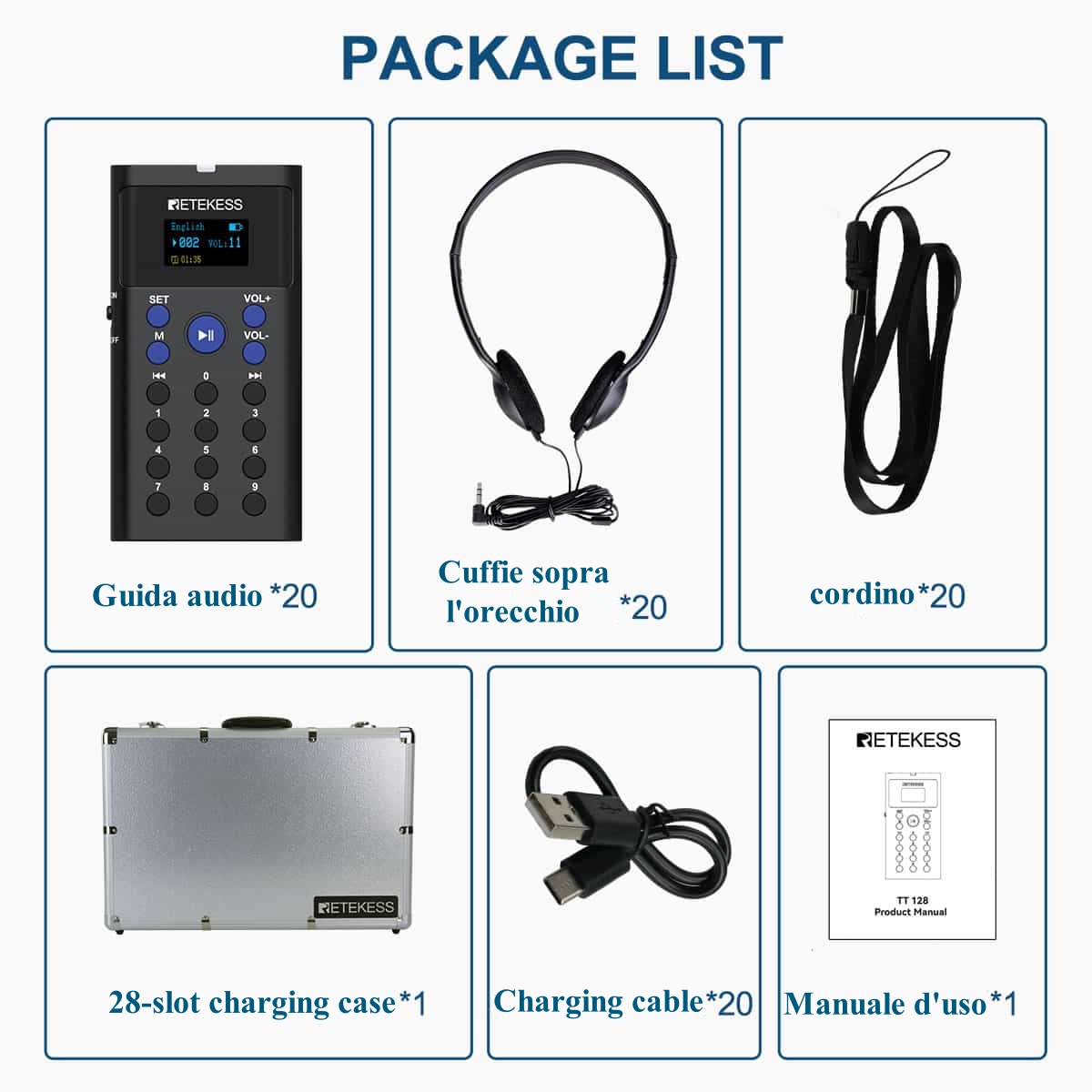 Retekess TT128 Dispositivi Audio per Tour Museali con Custodia di Ricarica a 28 Porte per Musei, Siti del Patrimonio Culturale, Sale Espositive, Attrazioni Turistiche