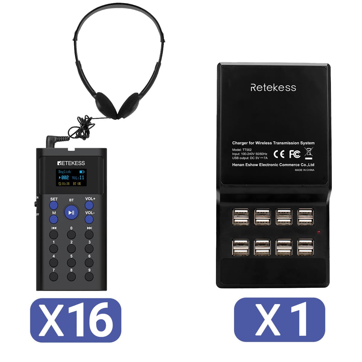 Retekess TT128 Guida Audio Bluetooth Autonoma con Base di Ricarica a 16 Porte per Musei, Esposizioni e Fabbriche