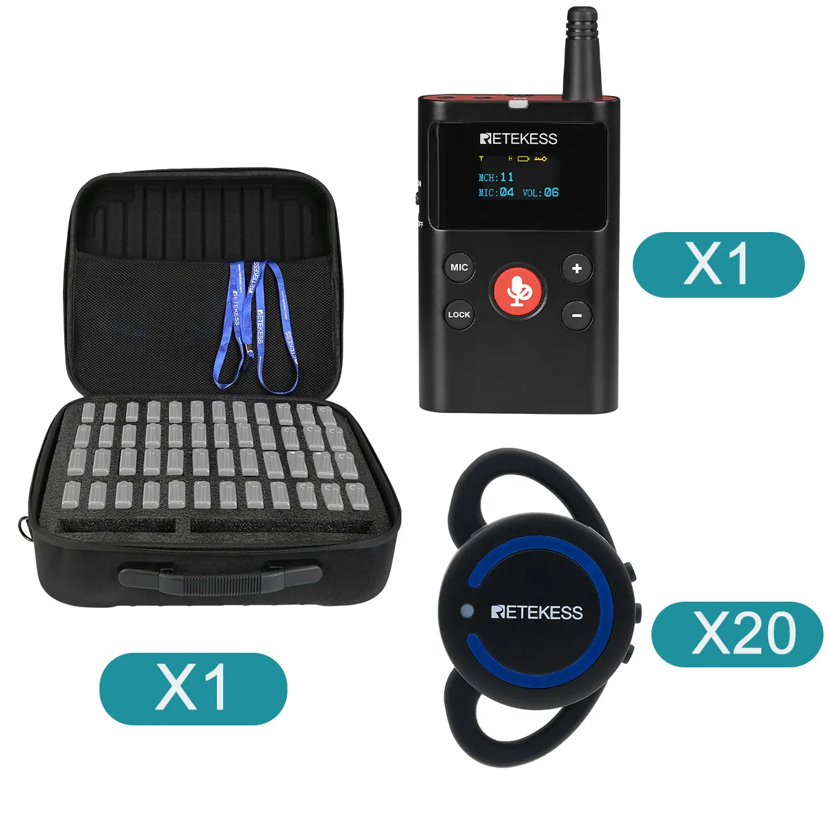 Retekess TT126 TT126R Sistema Digitale di Guida Turistica di Gruppo, Ricevitore Portatile con Gancio per L'orecchio, con Custodia da 48 Slot