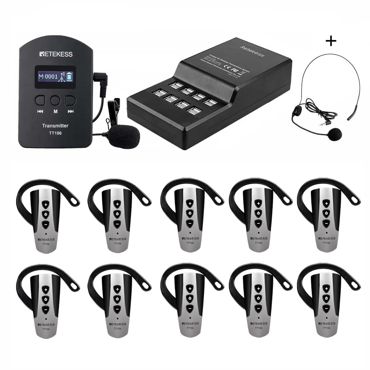 Retekess TT106 Sistema Di Auricolari per Guide Turistiche Per Visite Di Gruppo e Visite in Fabbrica, Ricevitore Wireless d Archetto Auricolare Con Supporto Per Due Trasmettitori