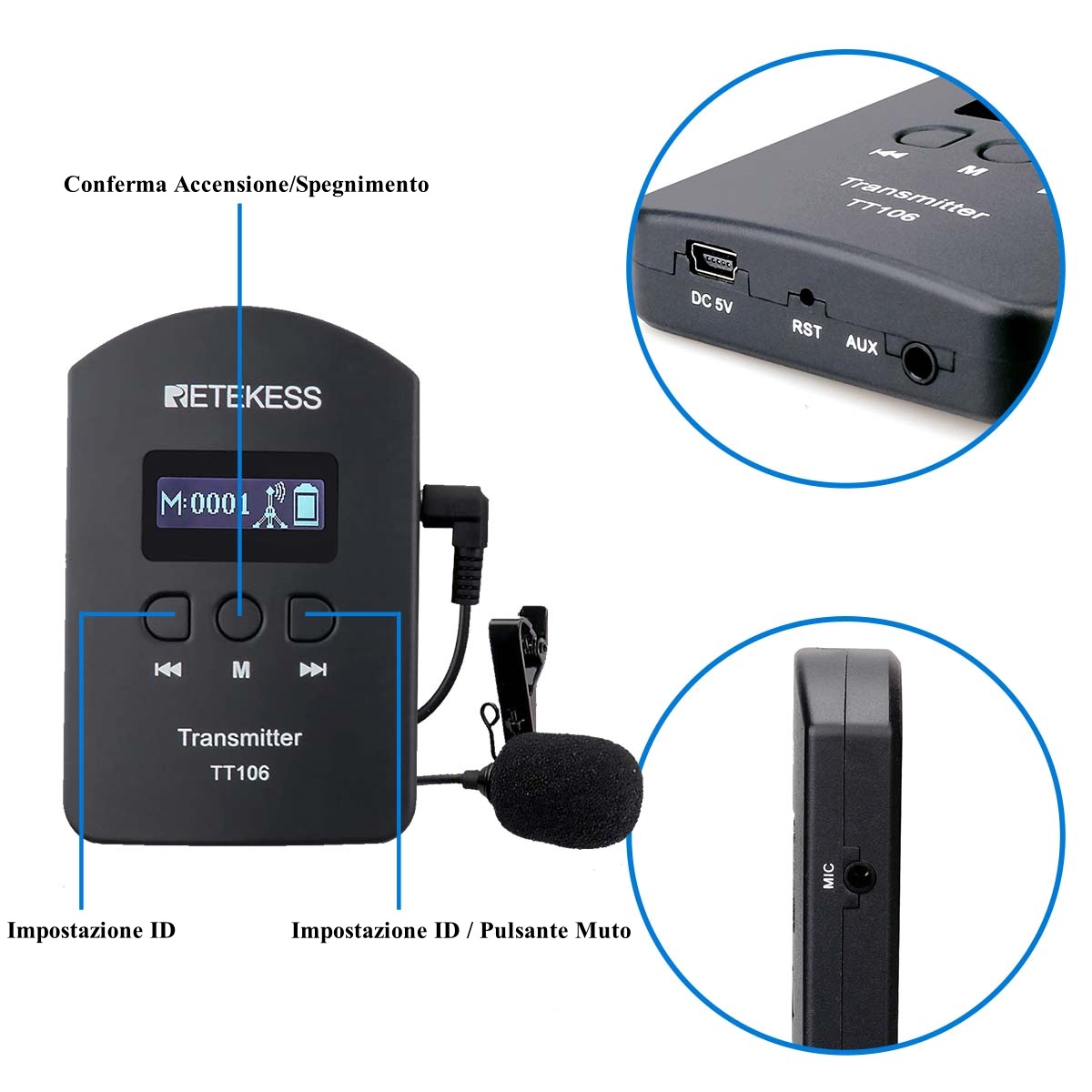 Retekess TT106 Sistema Di Auricolari per Guide Turistiche Per Visite Di Gruppo e Visite in Fabbrica, Ricevitore Wireless d Archetto Auricolare Con Supporto Per Due Trasmettitori
