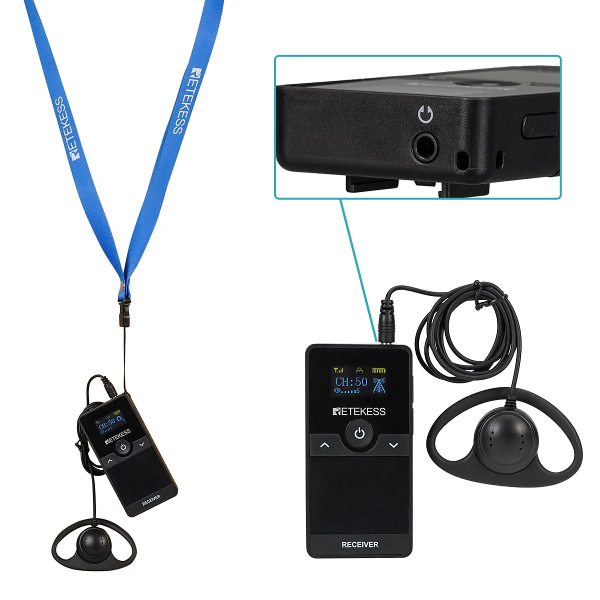 Retekess TT116 Ricevitore del Sistema di Guida di Gruppo UHF con Batteria Ricaricabile Rimovibile