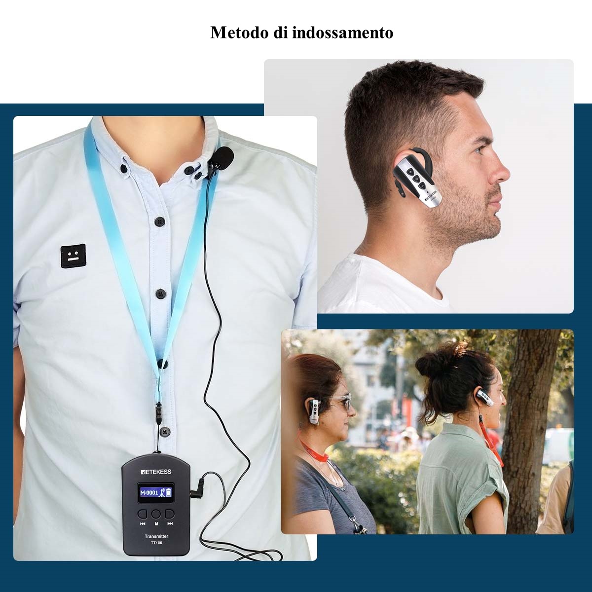 Retekess TT106 Sistema Di Auricolari per Guide Turistiche Per Visite Di Gruppo e Visite in Fabbrica, Ricevitore Wireless d Archetto Auricolare Con Supporto Per Due Trasmettitori