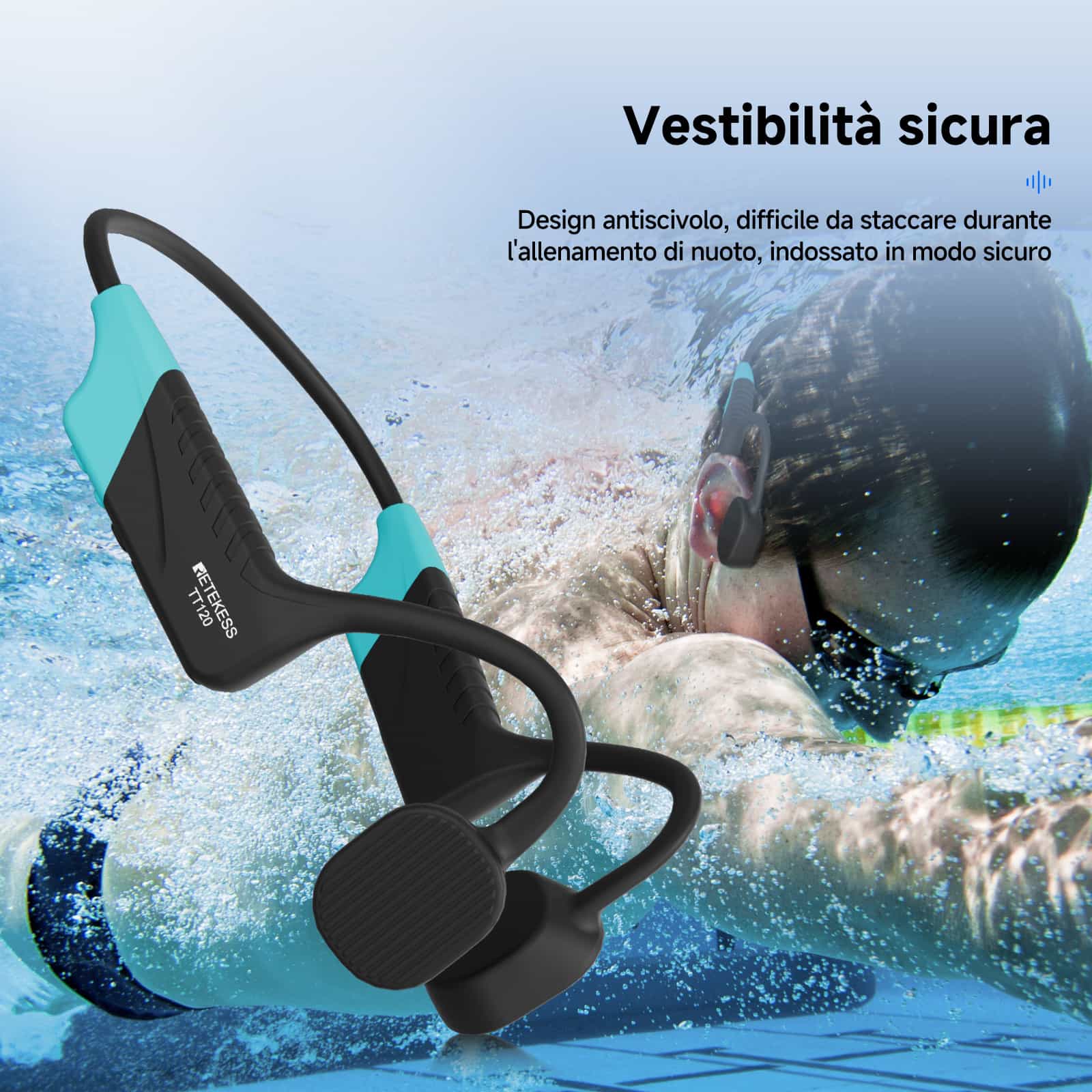 Retekess TT120 Cuffie Conduzione Ossea IP68 Impermeabili per Nuoto, Surf, Corsa