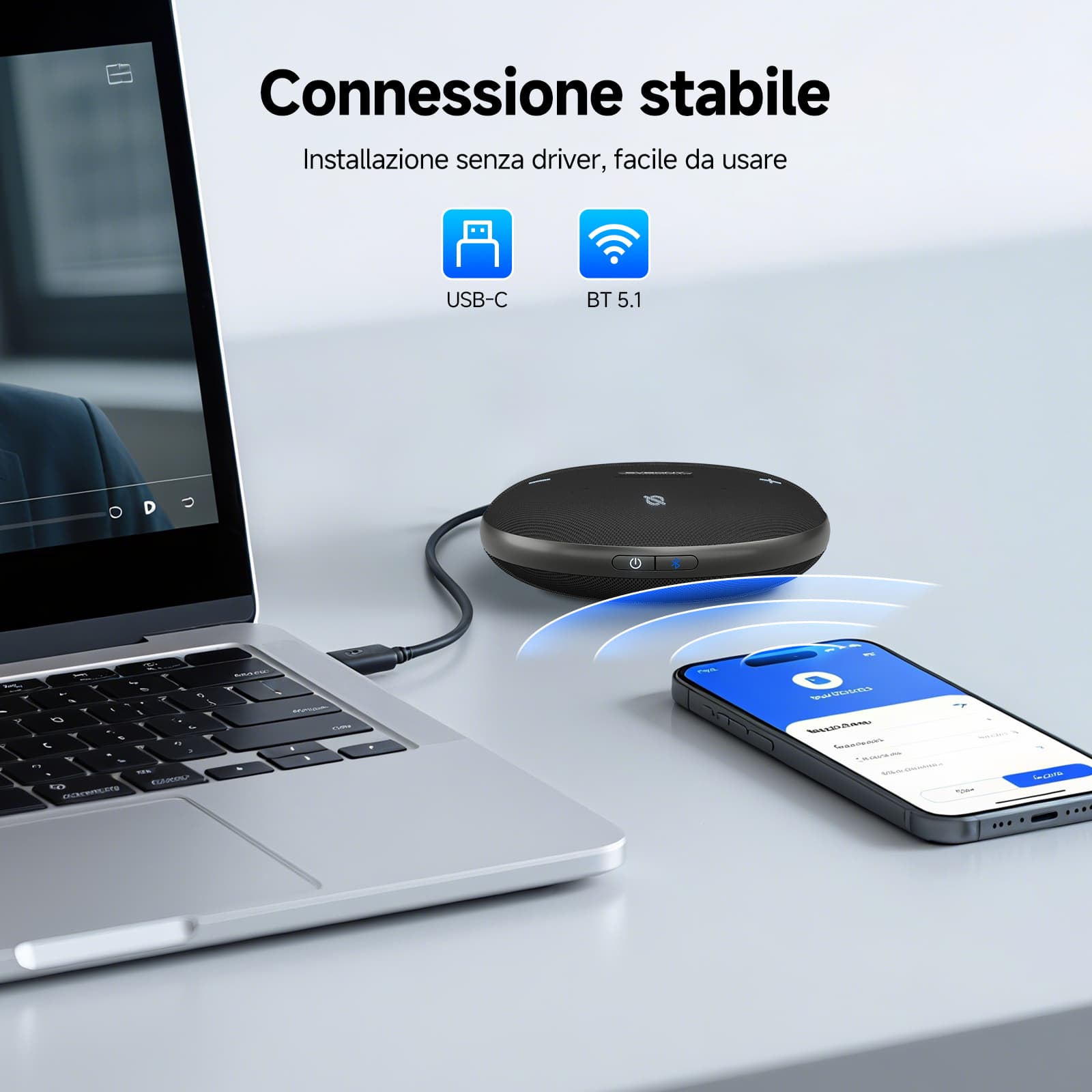 Microfono per Conferenze Omni2 360° Full-Duplex con Riduzione del Rumore IA