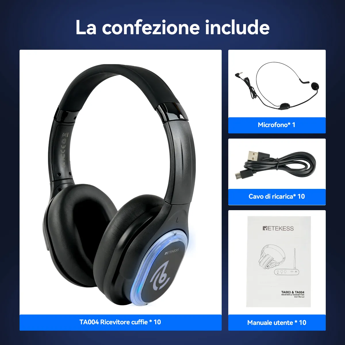 TA003 TA004 Sistema Silent Disco, Qualità Audio Hi-Fi Professionale, 3 Canali, Adatto per Meditazione, Feste, Corsi, Club, Bar e DJ