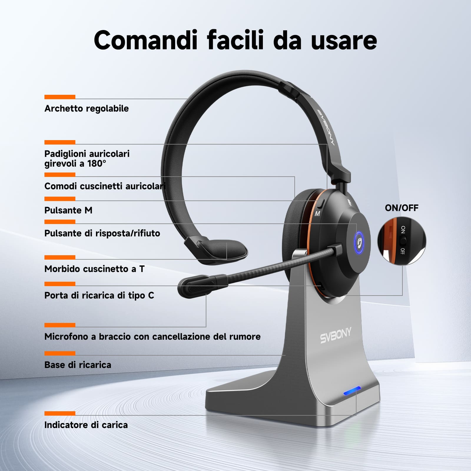 Le cuffie wireless SVN H1 con cancellazione del rumore, microfono e dongle USB sono adatte per le riunioni online