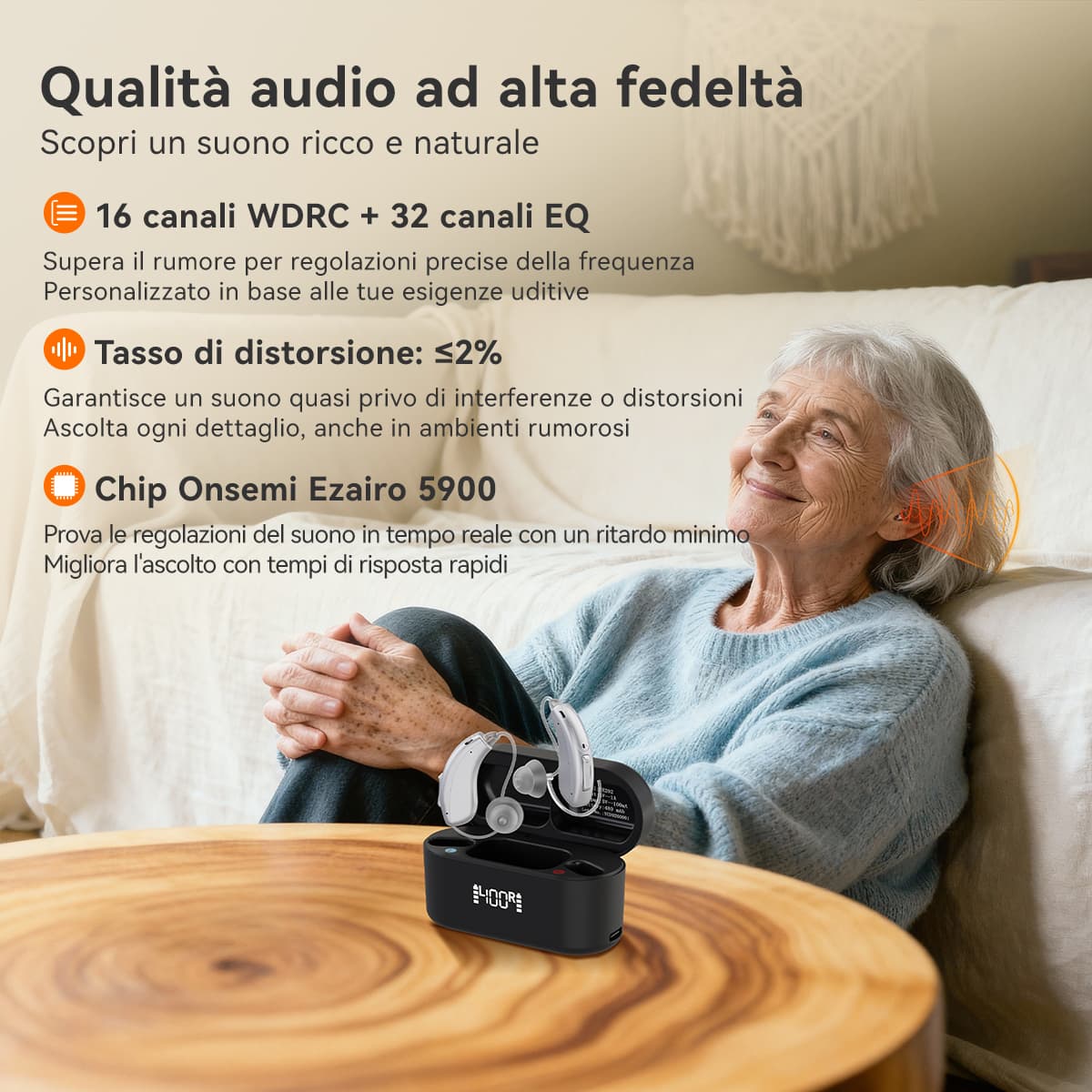 TE202 Apparecchio Acustico Ricaricabile con Mascheramento dell’Acufene per Ipoacusia Lieve-Moderata