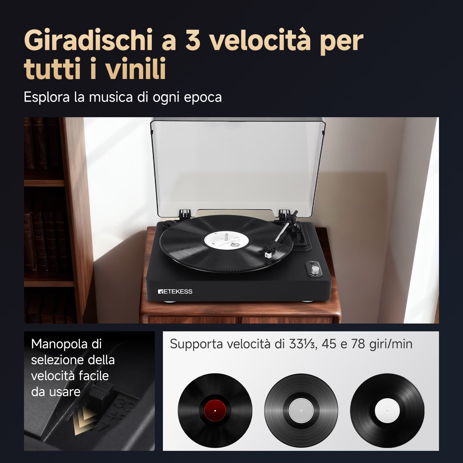 TR643 Giradischi Wireless per Vinili con 3 Velocità e Design Portatile