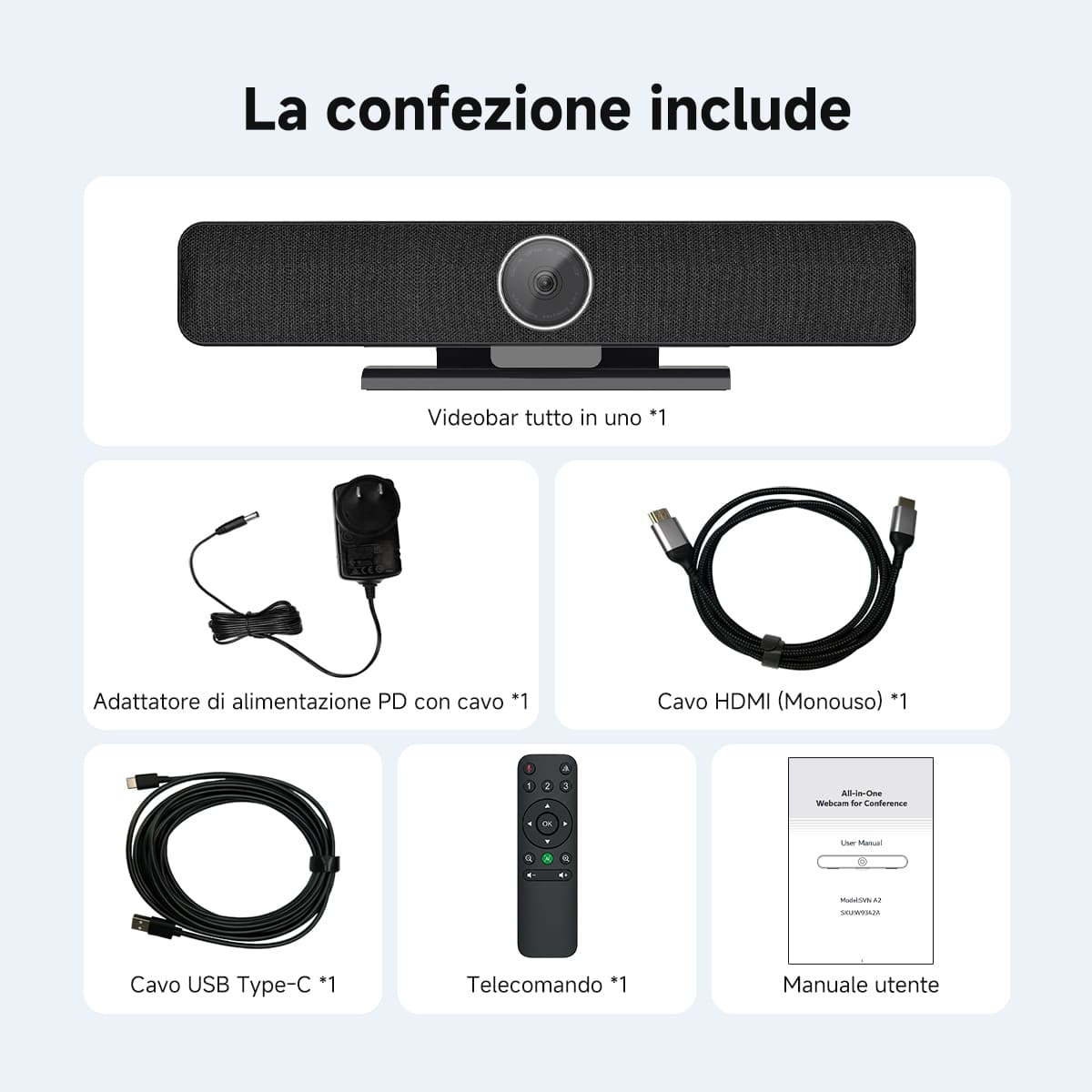SVN A2 Sistema di Videoconferenza All-in-One 4K HD con IA per Sale Riunioni di Piccole e Medie Dimensioni
