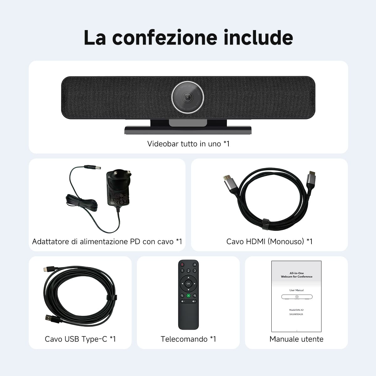 SVN A2 Sistema di Videoconferenza All-in-One 4K HD con IA per Sale Riunioni di Piccole e Medie Dimensioni