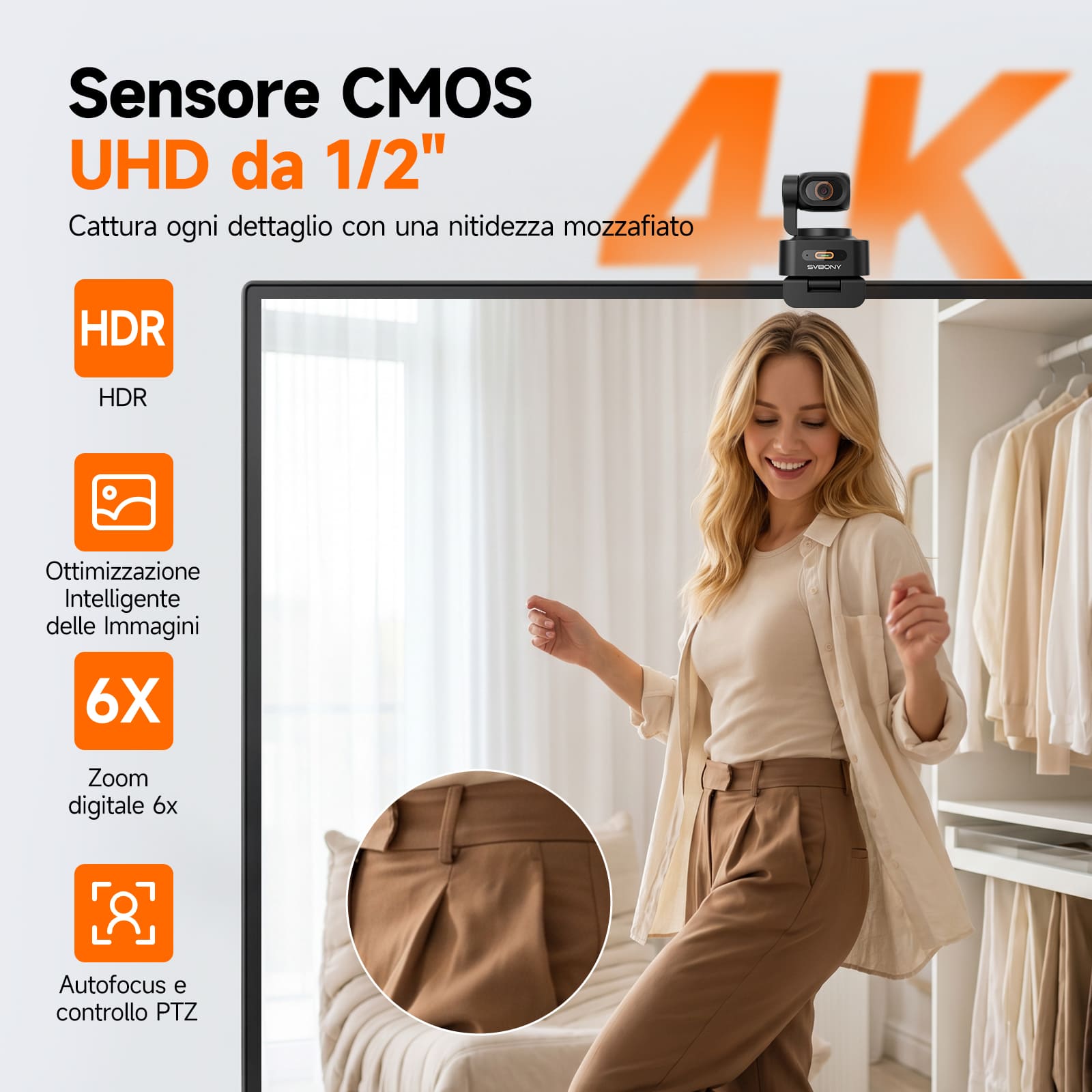 SVN W2 Telecamera PTZ Smart 4K con IA, Zoom 6X, Microfono Integrato e Controllo Gestuale