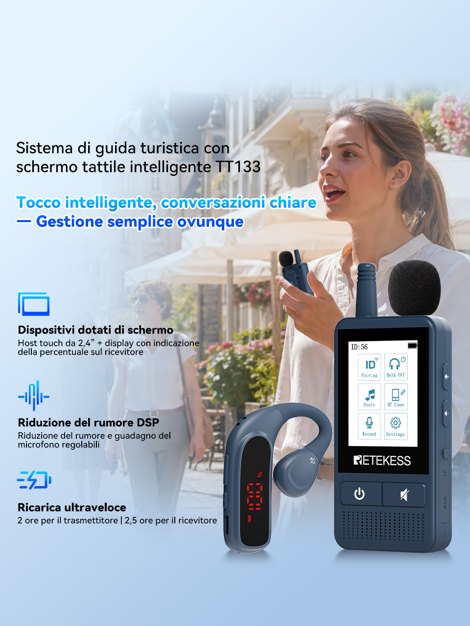 TT133 Sistema guida turistica smart con touchscreen per gruppi, doppio display batteria, ricarica rapida, registrazione e riproduzione, streaming Bluetooth, ingresso AUX, audio chiaro per tour cittadini, visite ed eventi internazionali