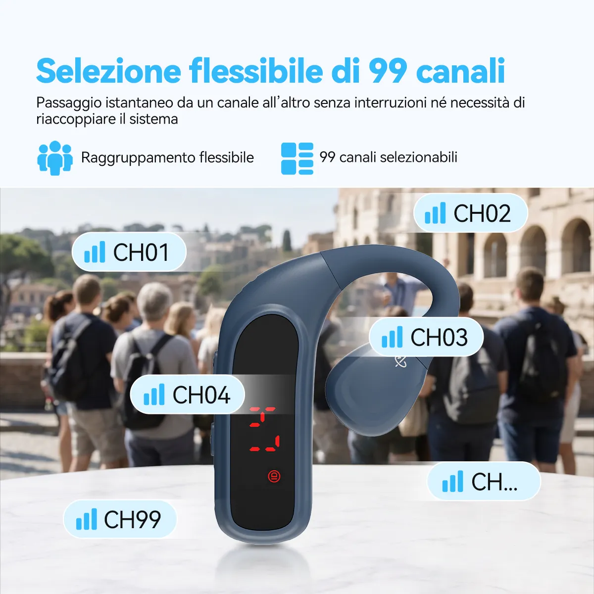 TT133 Solo ricevitore per sistema di guida turistica con touch screen intelligente, design ad archetto auricolare, spegnimento automatico, autonomia di 12 ore