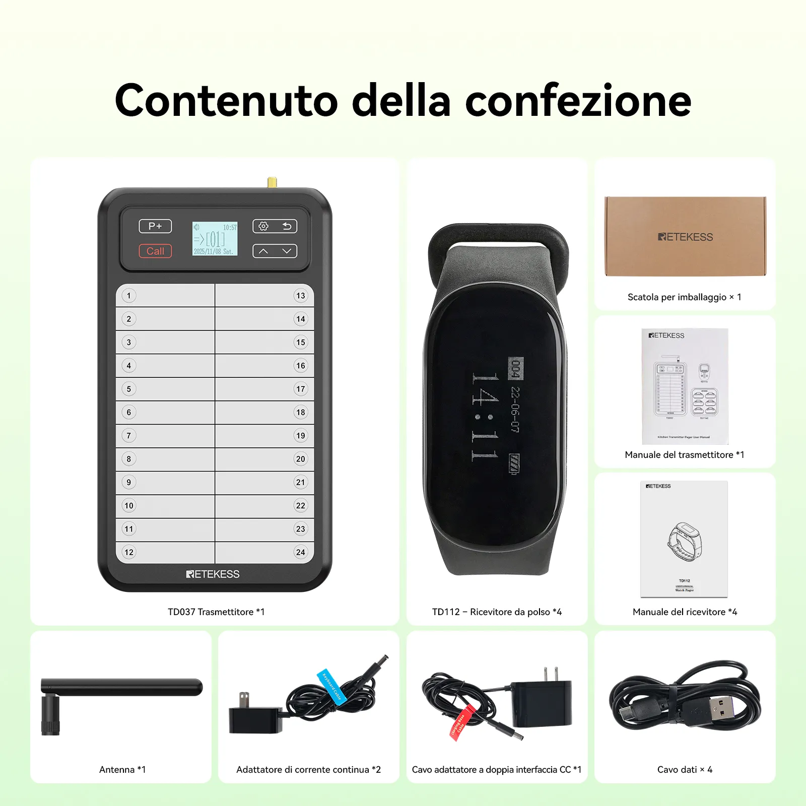 Sistema di Chiamata per Camerieri da Ristorante: Trasmettitore a Pannello Bianco TD037 e Ricevitore a Bracciale TD112