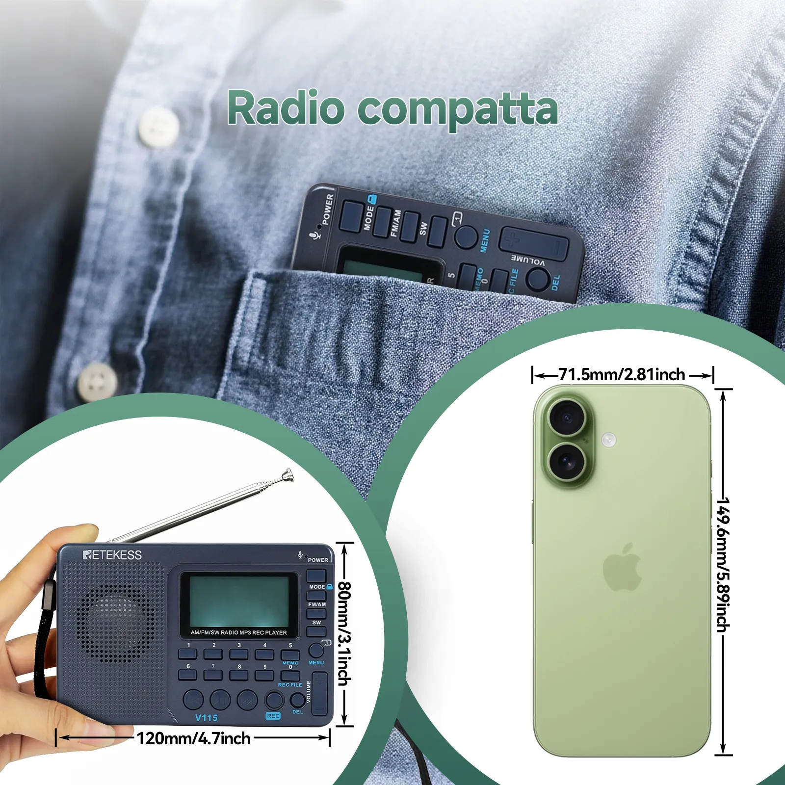 V115 Radio Portatile Multibanda Con Ricezione AM/FM/SW, Riproduzione E Registrazione Su Scheda TF, Ideale Per Casa E Viaggi