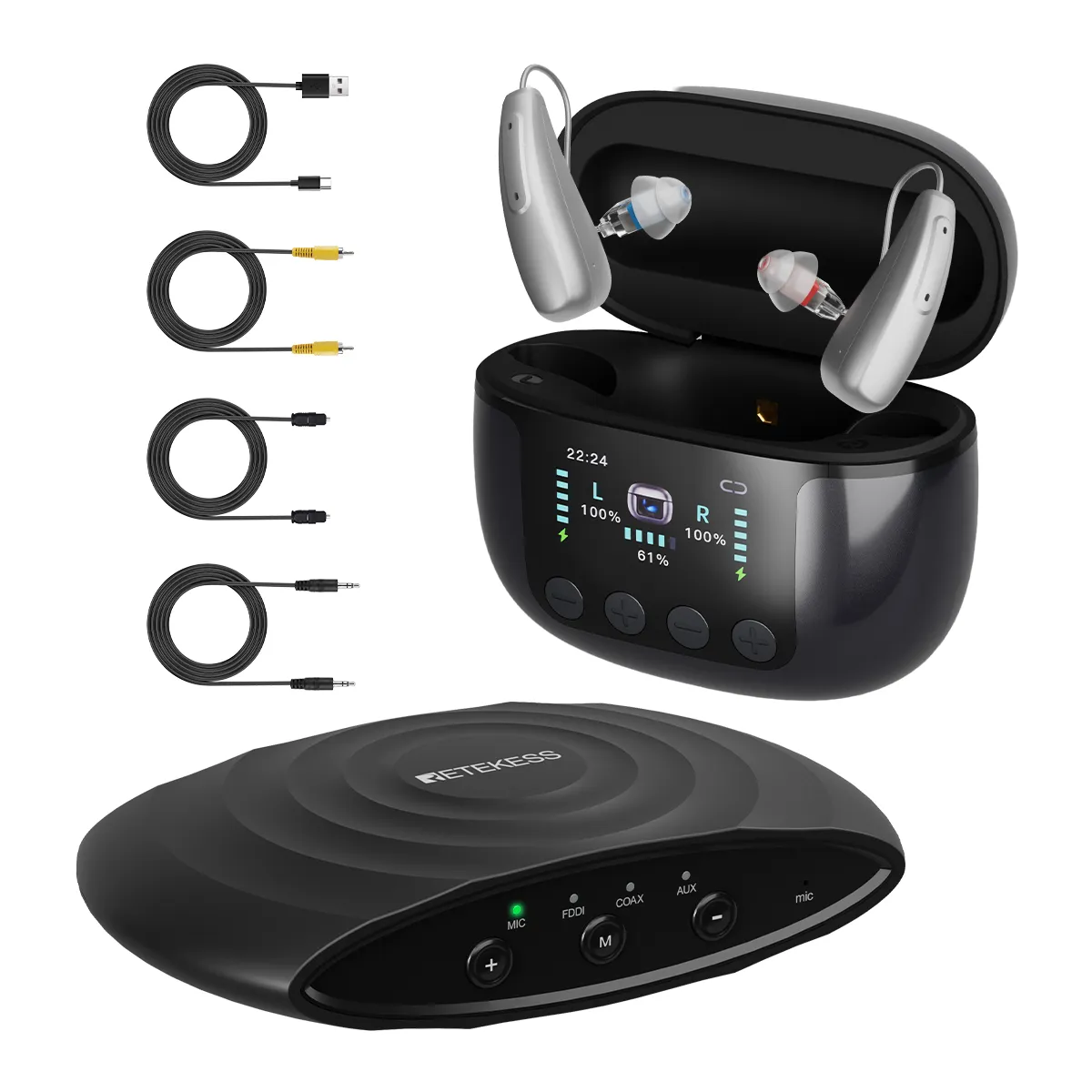 Apparecchio acustico RIC Bluetooth TE102 con custodia di ricarica e sanificazione UV-C e connettore TV