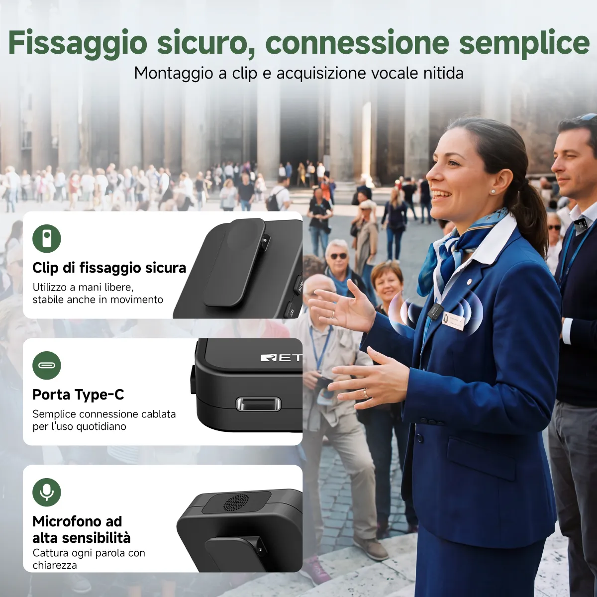 Retekess TT135 sistema guida turistica wireless con clip e supporto alla traduzione Bluetooth