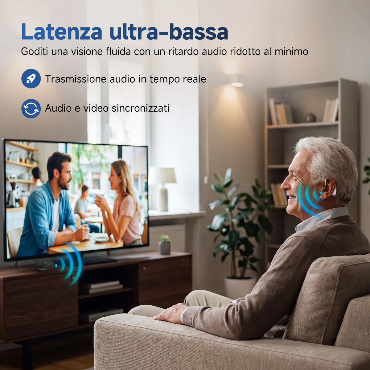 TE102 Apparecchio Acustico RIC Bluetooth con Custodia di Ricarica e Disinfezione UV-C e Trasmettitore TV