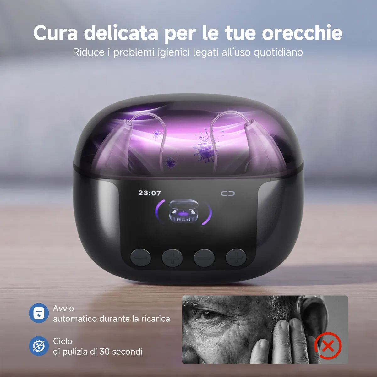 TE102 Apparecchio Acustico RIC Bluetooth con Custodia di Ricarica e Disinfezione UV-C e Trasmettitore TV