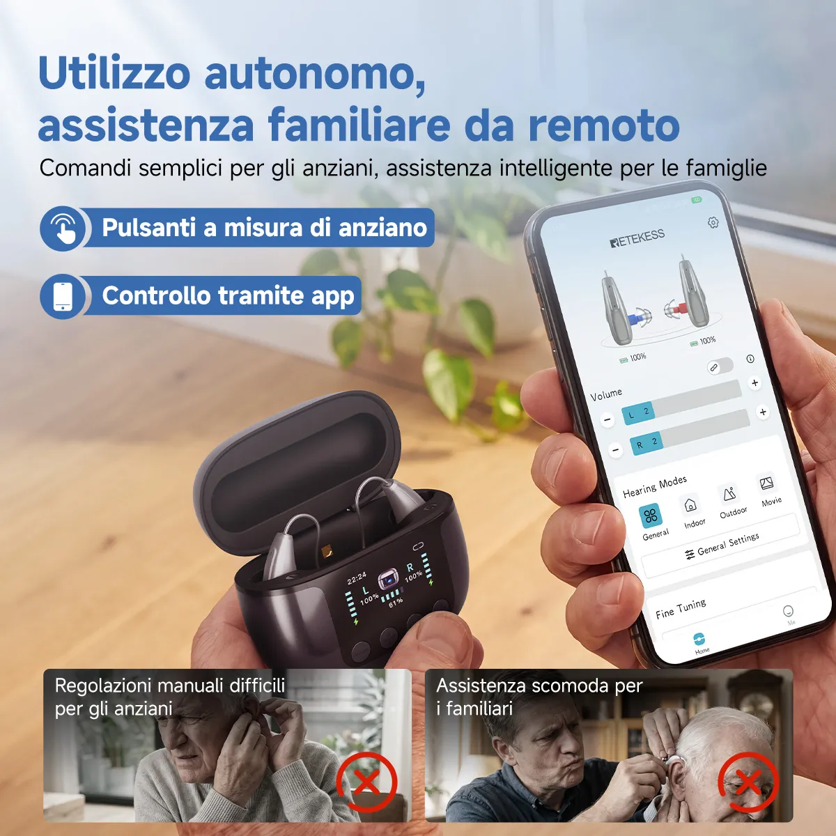 TE102 Apparecchio Acustico RIC Bluetooth con Custodia di Ricarica e Disinfezione UV-C e Trasmettitore TV