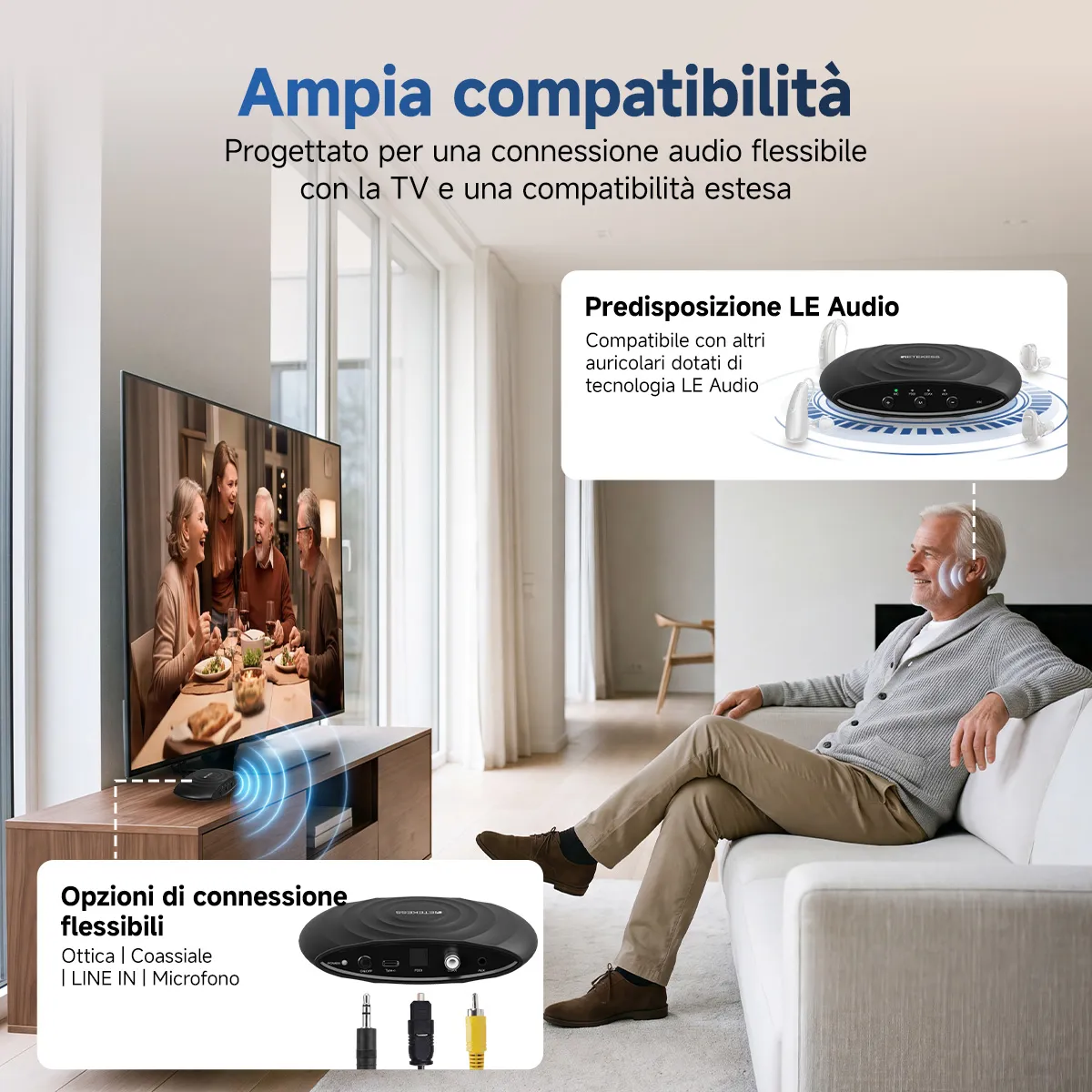 TE102 Apparecchio Acustico RIC Bluetooth con Custodia di Ricarica e Disinfezione UV-C e Trasmettitore TV