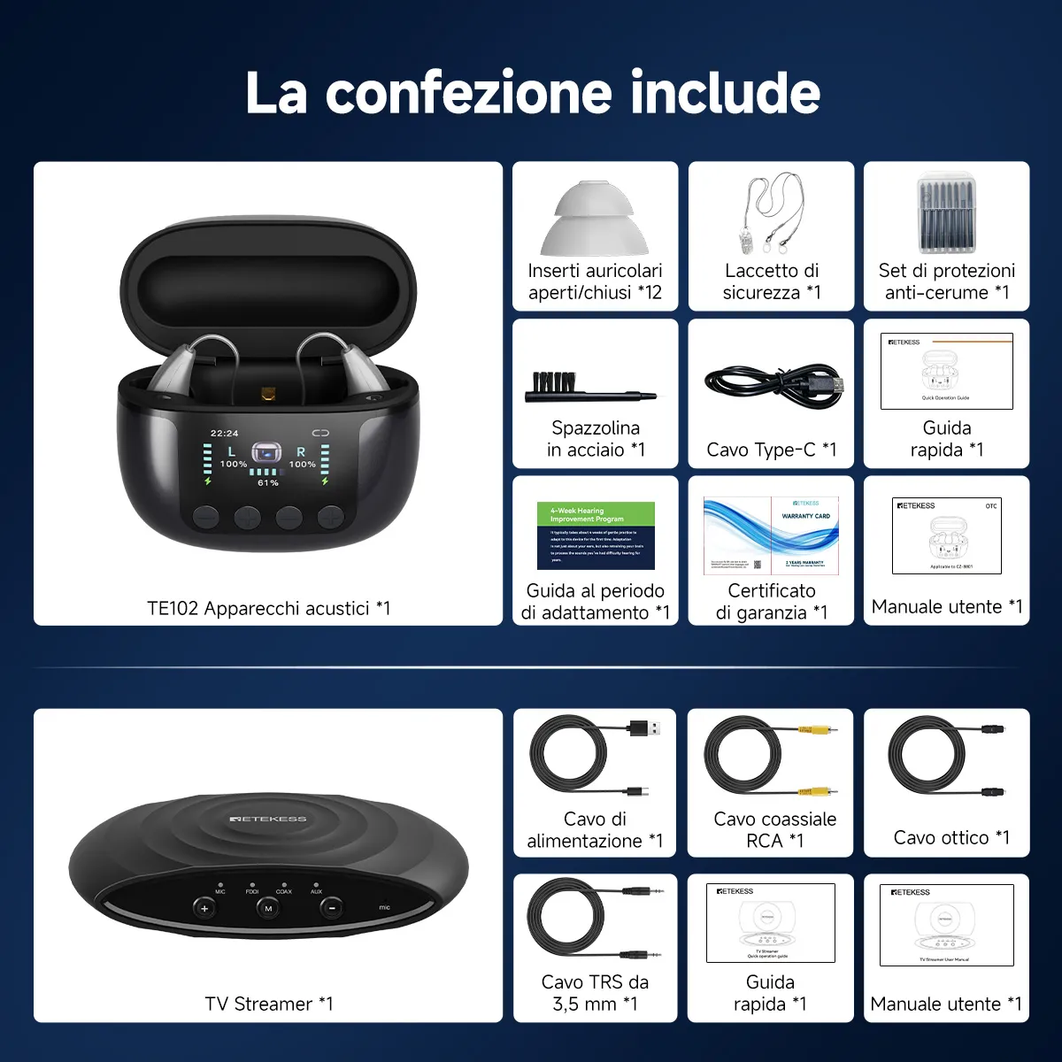 TE102 Apparecchio Acustico RIC Bluetooth con Custodia di Ricarica e Disinfezione UV-C e Trasmettitore TV
