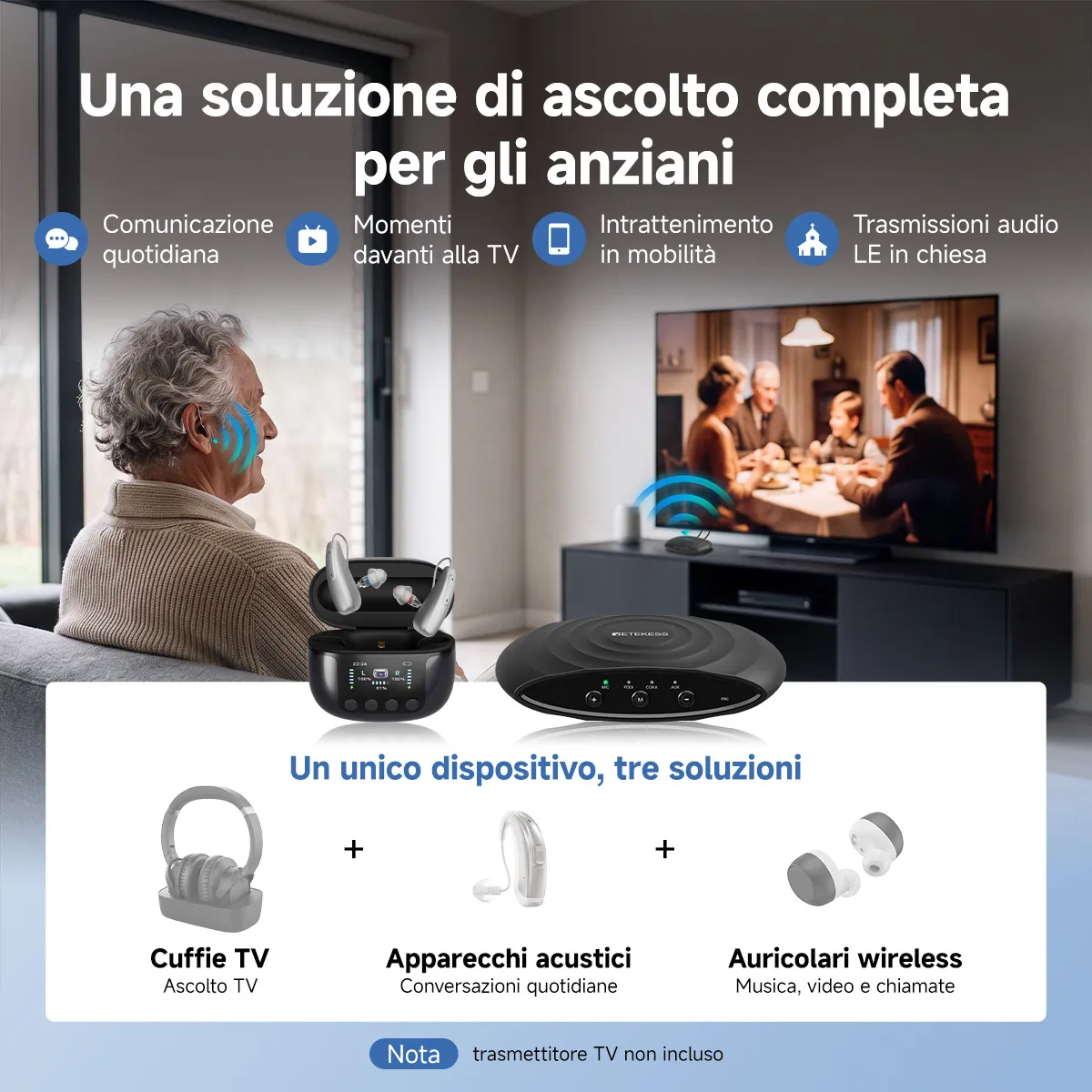 TE102 Apparecchio Acustico RIC Bluetooth con Custodia di Ricarica e Disinfezione UV-C e Trasmettitore TV