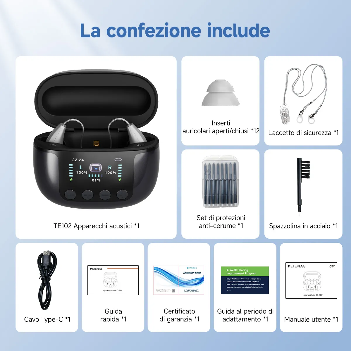 TE102 Apparecchio Acustico RIC Bluetooth con Custodia di Ricarica e Disinfezione UV-C e Trasmettitore TV