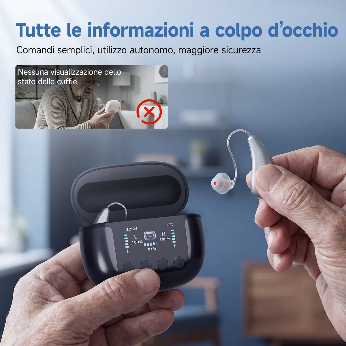 TE102 Apparecchio Acustico RIC Bluetooth con Custodia di Ricarica e Disinfezione UV-C e Trasmettitore TV