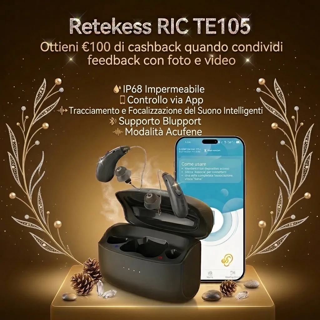 TE105 Apparecchio Acustico CIC IP68 Impermeabile con Bluetooth e Supporto App per Perdite Uditive da Moderate a Gravi